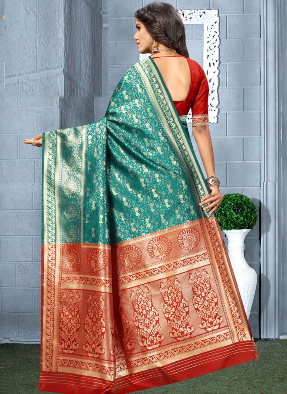 Buy Online Teal Weaving Silk Saree 128405