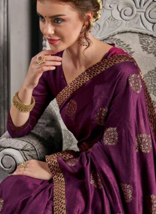 Traditional Designer Saree Embroidered Jacquard Silk in Purple