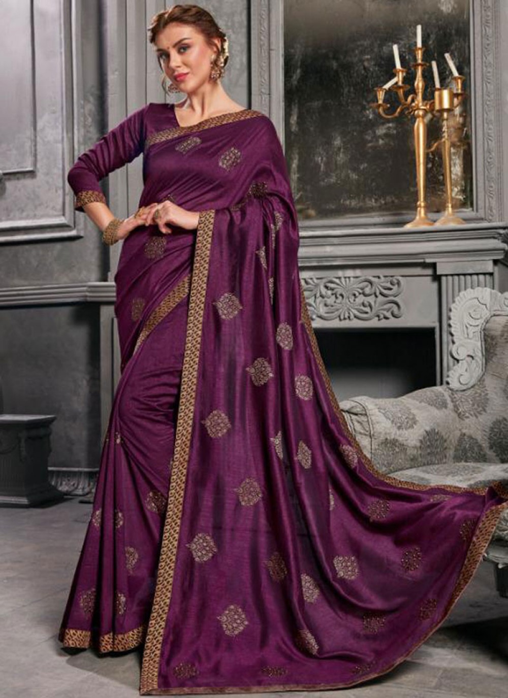 Traditional Designer Saree Embroidered Jacquard Silk in Purple