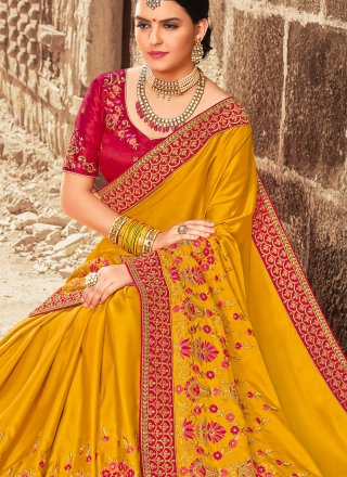 Traditional Designer Saree Embroidered Satin Silk in Mustard