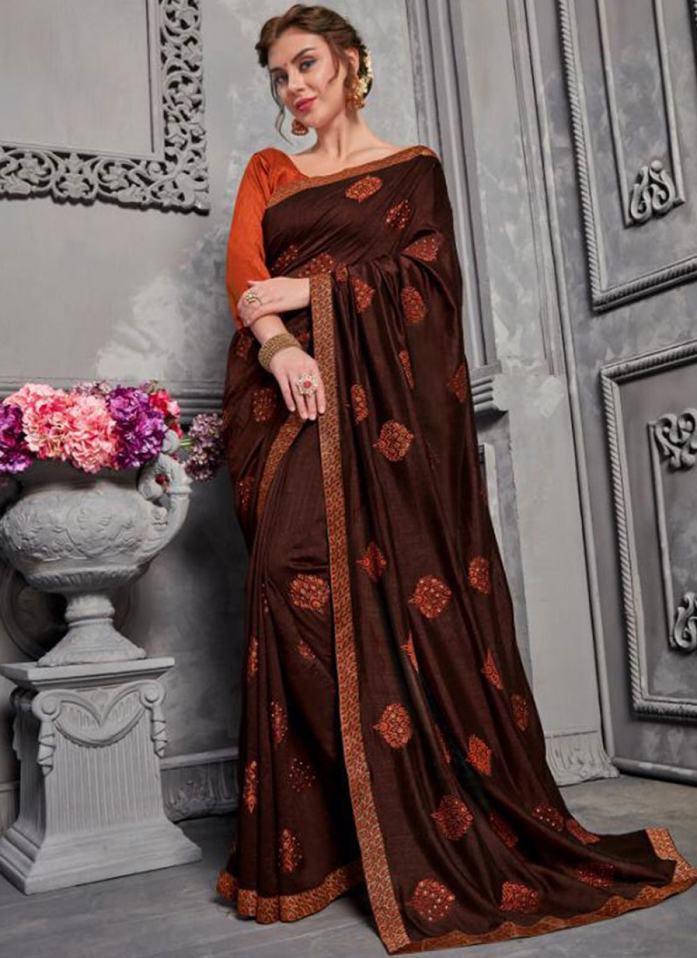 Traditional Designer Saree Lace Jacquard Silk in Brown
