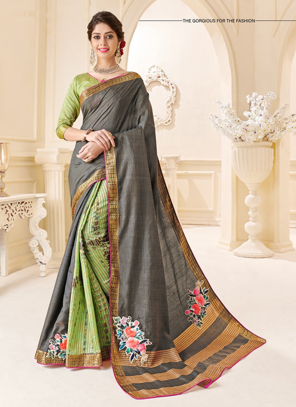 Traditional Saree Patchwork Art Silk in Green and Grey