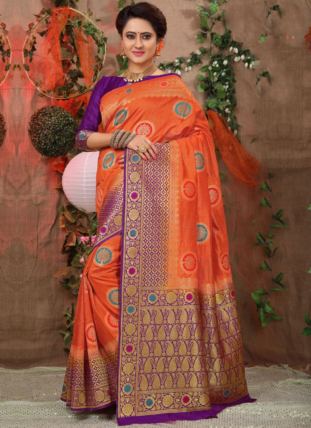 Traditional Saree Weaving Fancy Fabric in Orange