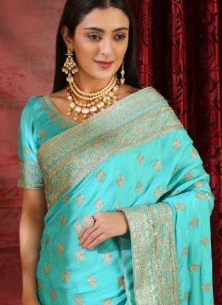 Turquoise Art Silk Wedding Classic Saree