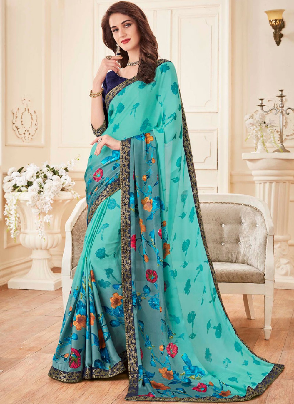 Turquoise Casual Faux Georgette Trendy Saree