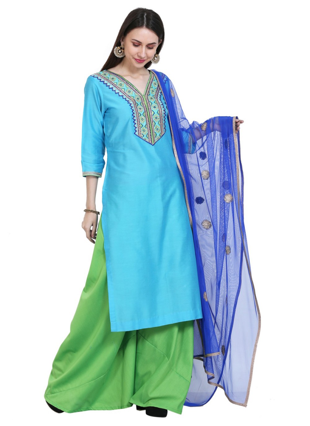 Turquoise Ceremonial Cotton Silk Readymade Salwar Suit