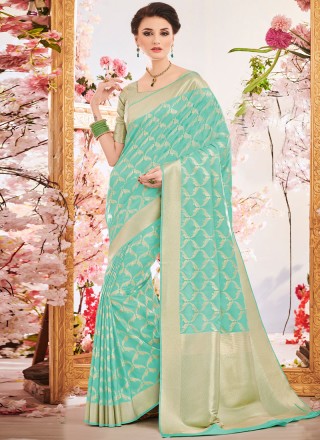 Turquoise Weaving Work Traditional  Saree