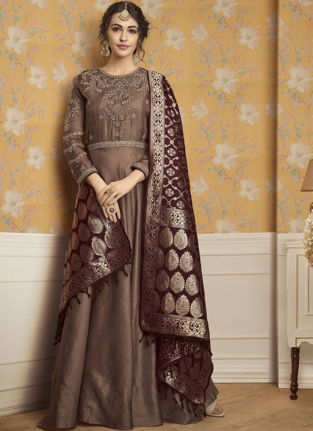Tussar Silk Brown Embroidered Readymade Gown 