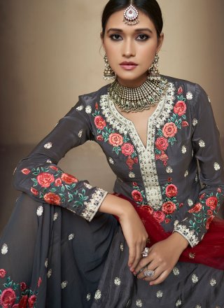 Uppada Silk Embroidered Designer Palazzo Suit in Navy Blue