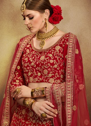 Velvet Embroidered Red Designer Lehenga Choli
