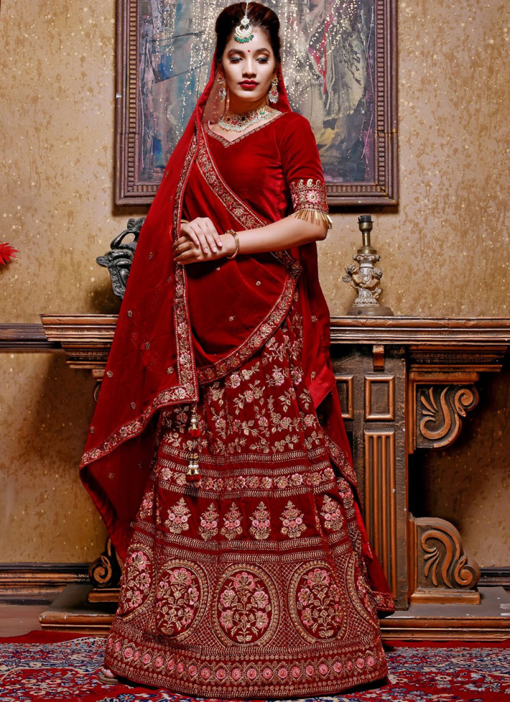 velvet wedding lehenga choli