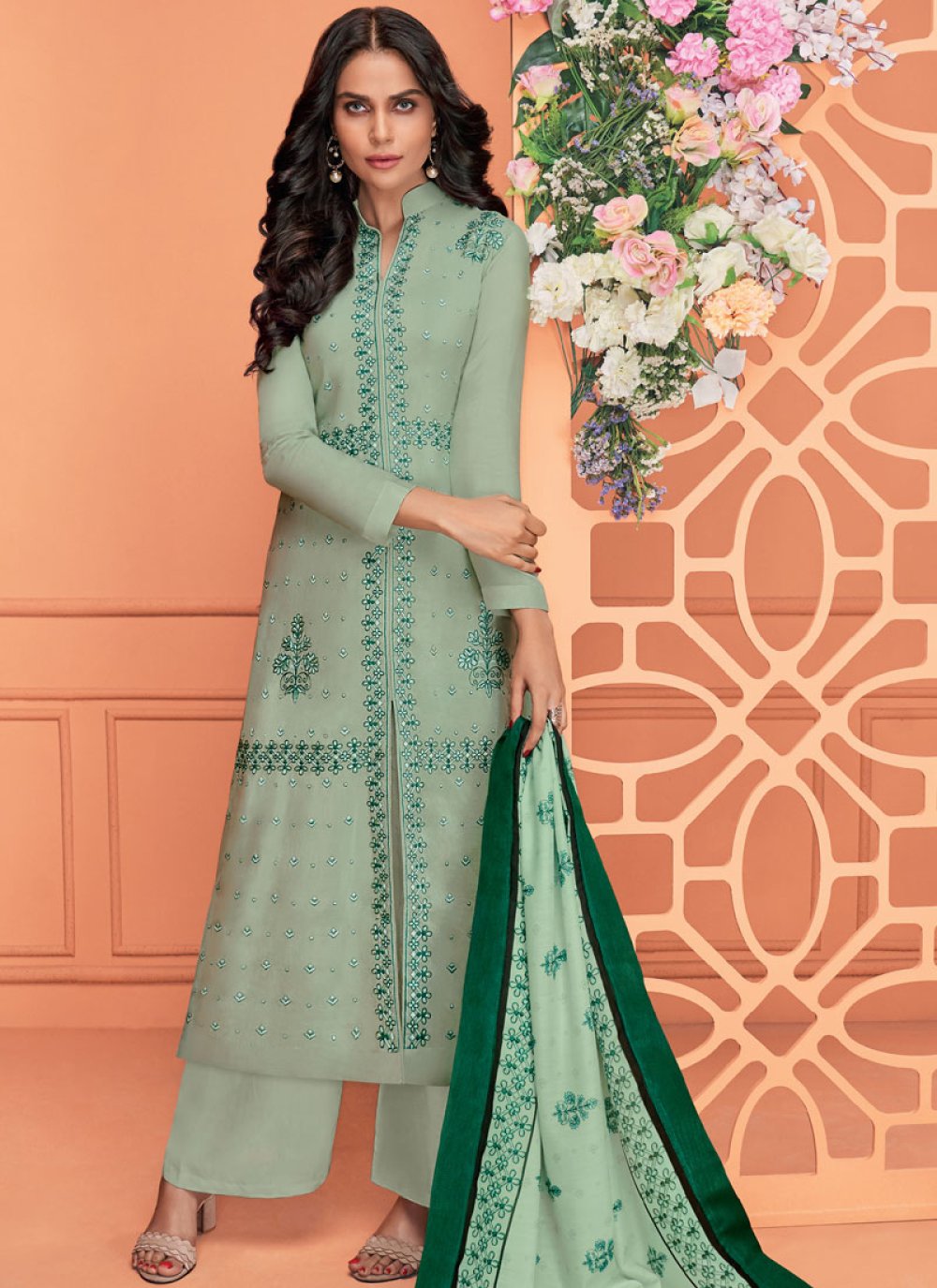 Viscose Embroidered Green Readymade Suit
