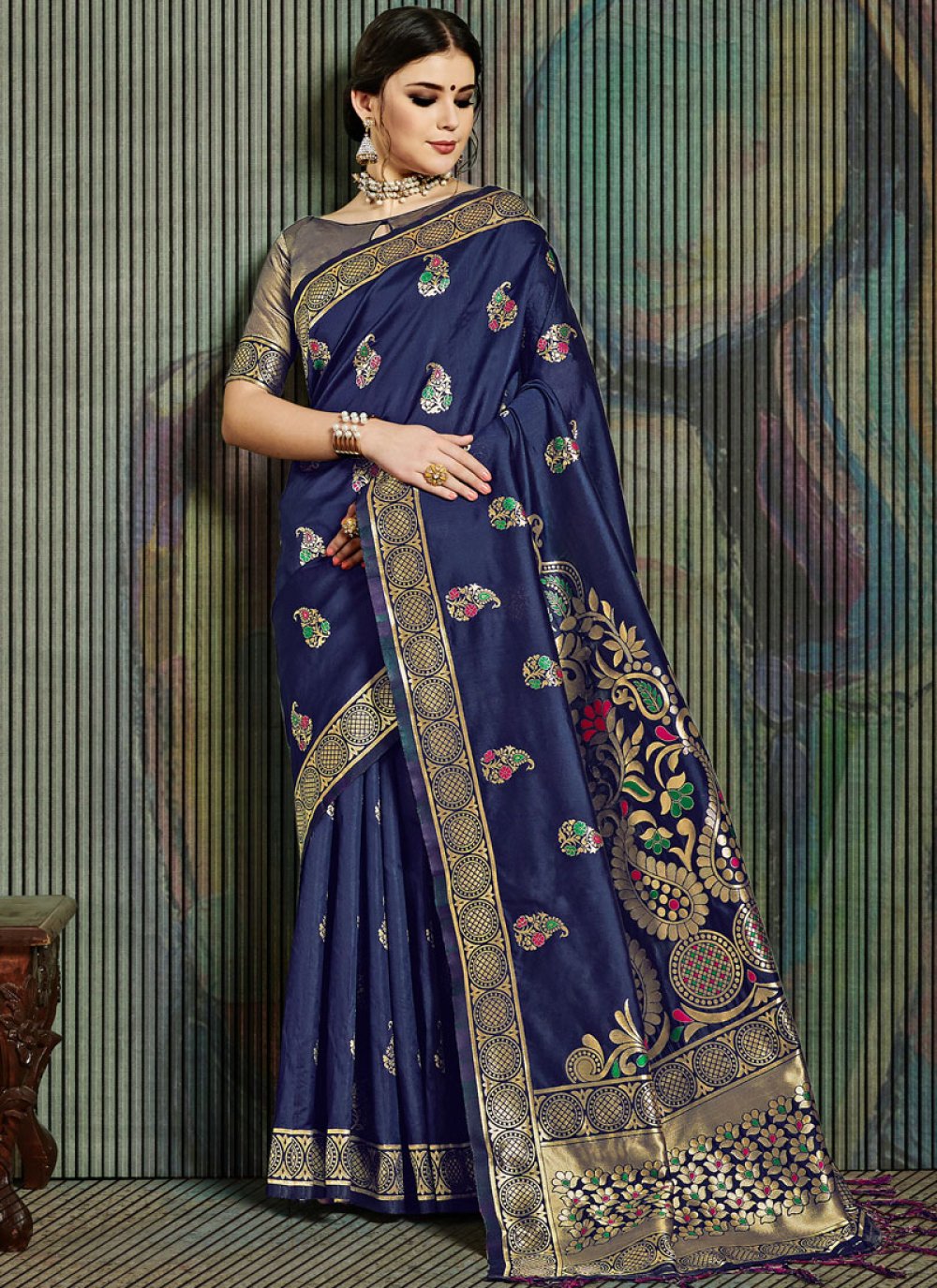 Weaving Art Silk Blue Traditional Designer Saree
