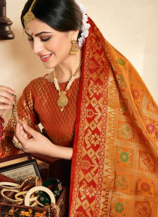 Weaving Art Silk Designer Traditional Saree in Orange
