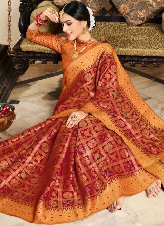 Weaving Art Silk Designer Traditional Saree in Orange and Red