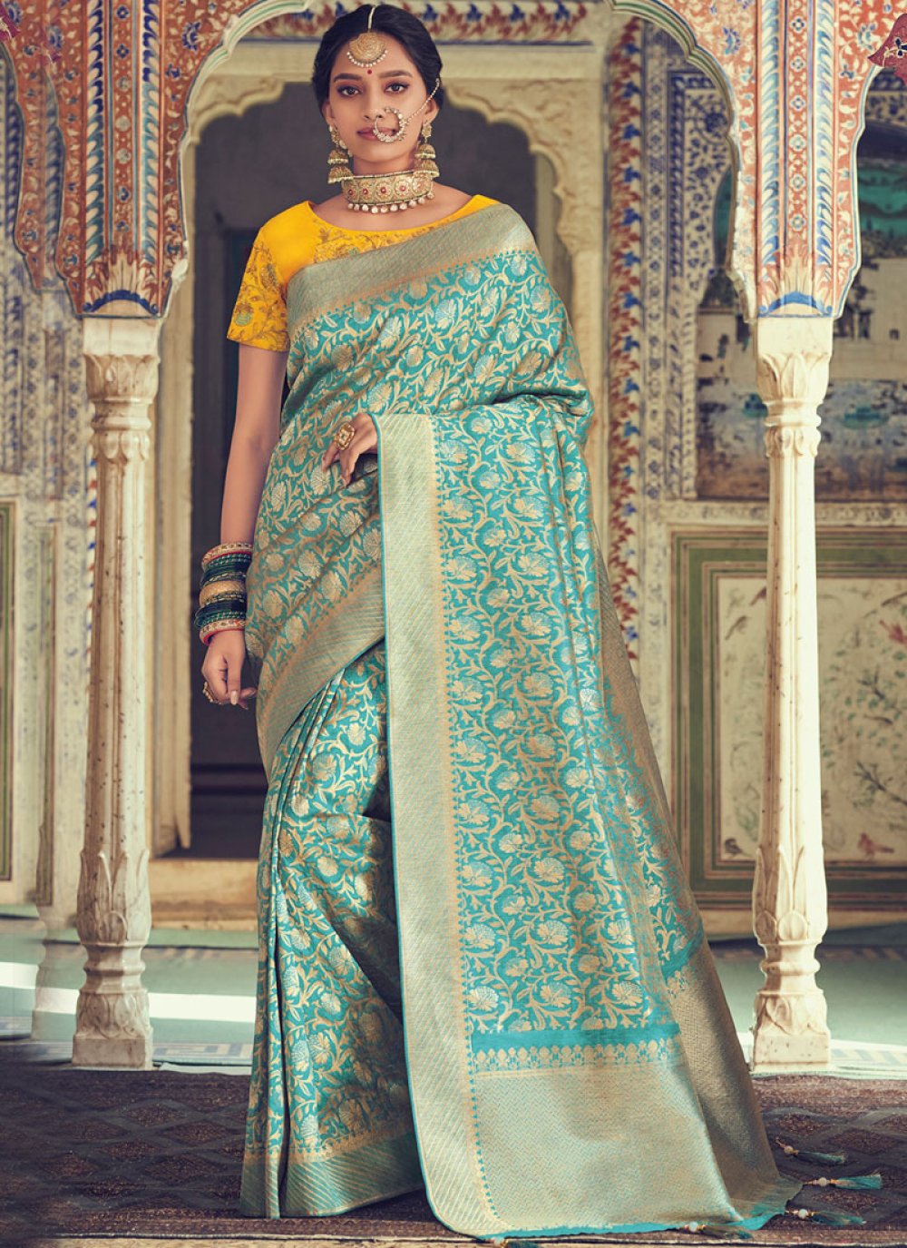 Weaving Art Silk Turquoise Traditional Saree