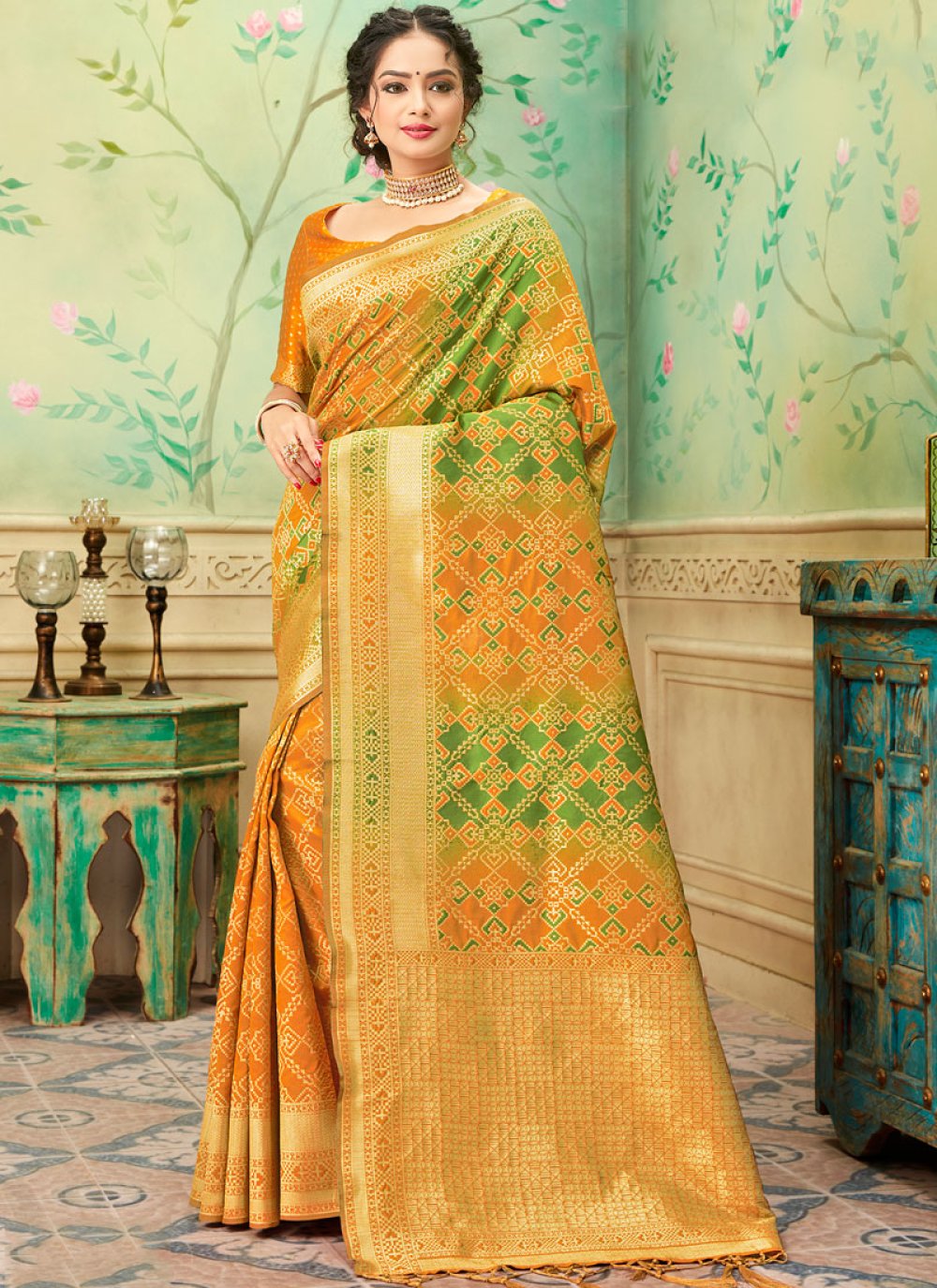 Buy Weaving Mustard Banarasi Silk Trendy Saree Online : 130750