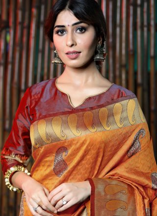 Weaving Orange Art Silk Designer Traditional Saree