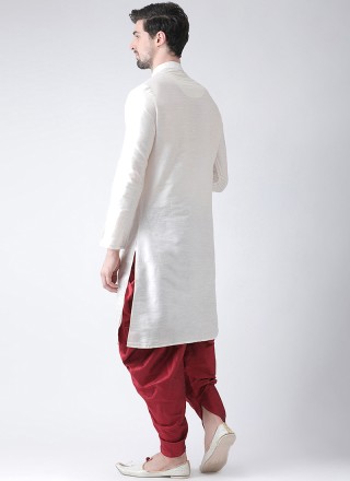 White Ceremonial Art Dupion Silk Kurta Pyjama
