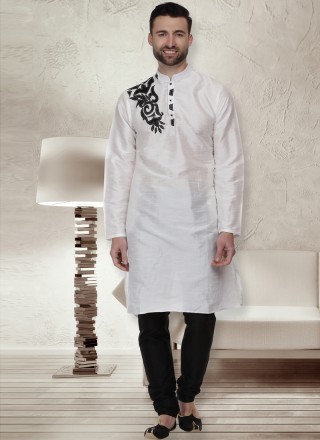 White Embroidered Dupion Silk Kurta Pyjama