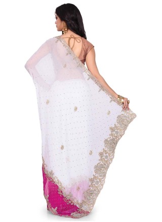 White Embroidered Mehndi Designer Traditional Saree