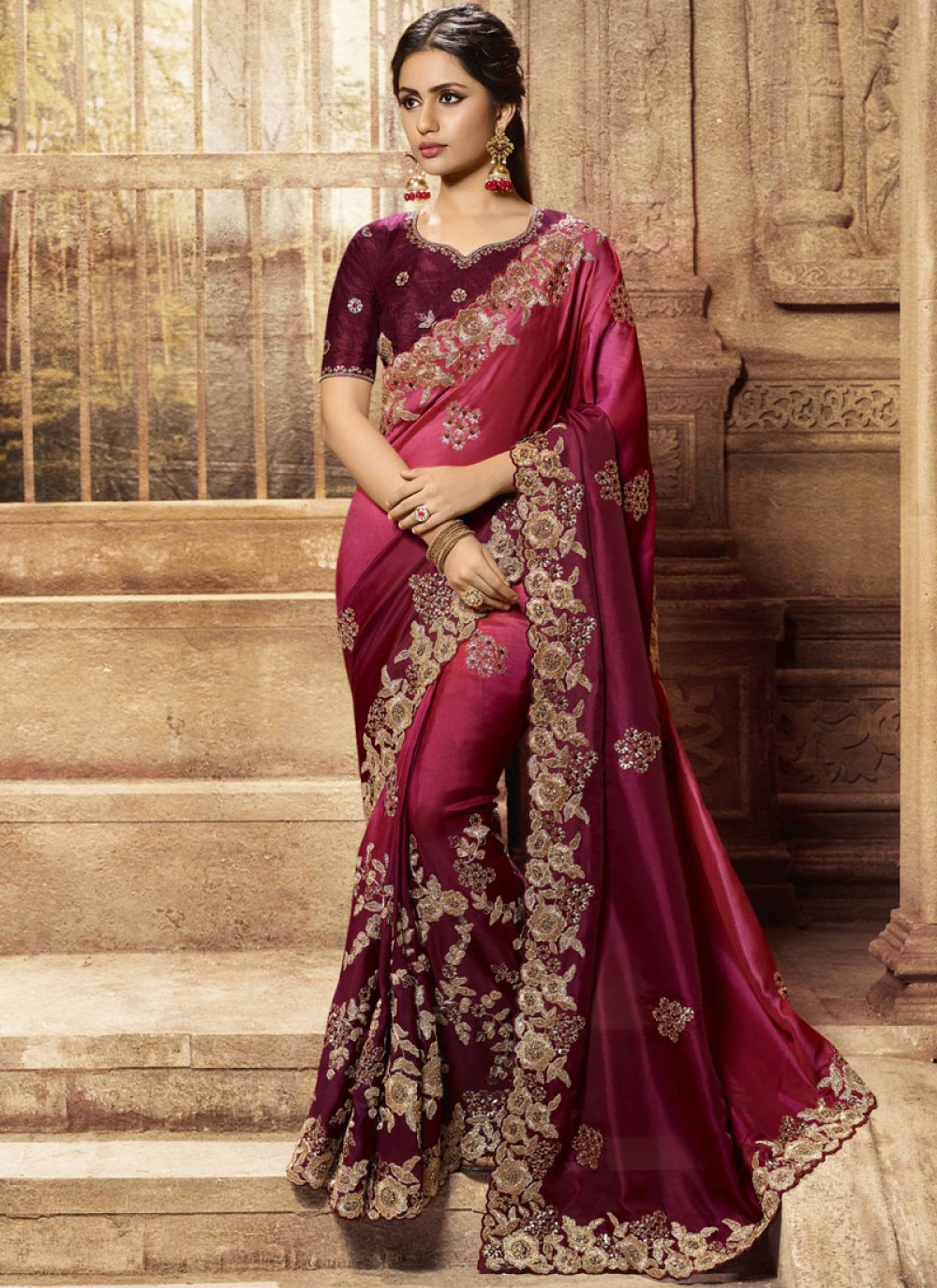 Buy Wine Color Shaded Saree : 122433