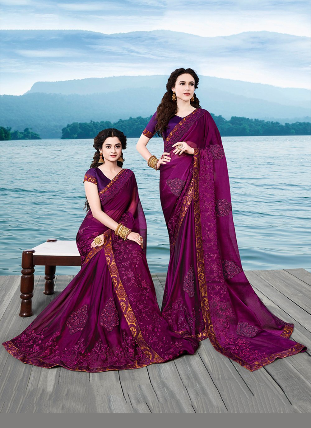 Wine Embroidered Party Casual Saree