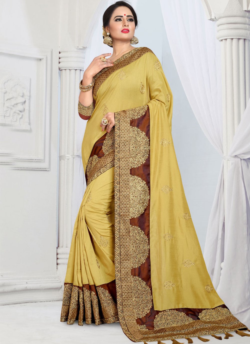 Buy Yellow Border Silk Designer Saree : 98564 - Party Wear Sarees