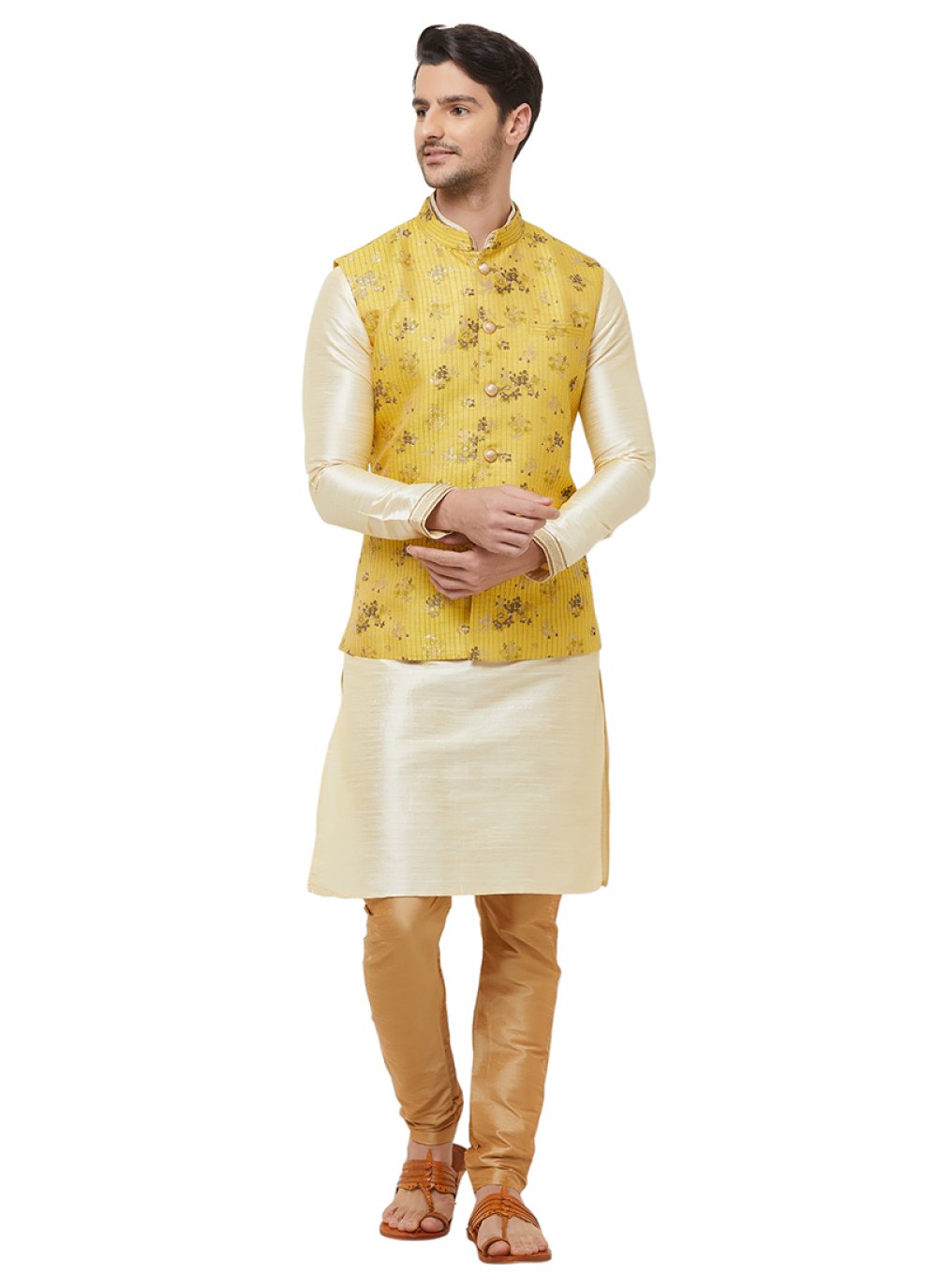 Yellow Ceremonial Art Silk Nehru Jackets