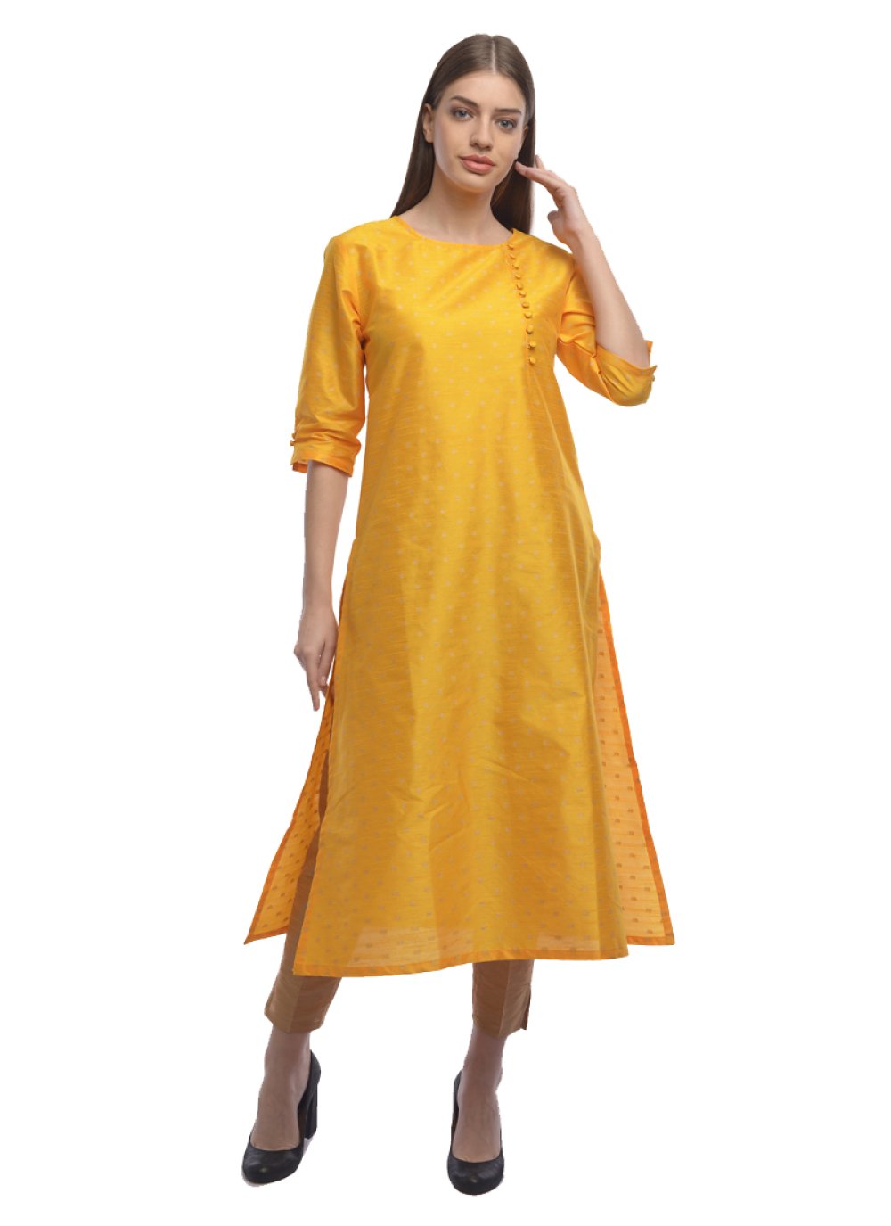 yellow dupion silk plain designer kurti 104341