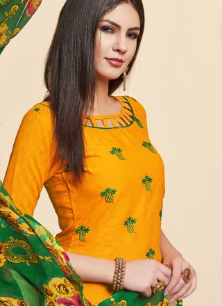 Yellow Embroidered Cotton Churidar Designer Suit