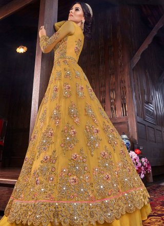 Yellow Embroidered Net Floor Length Anarkali Suit