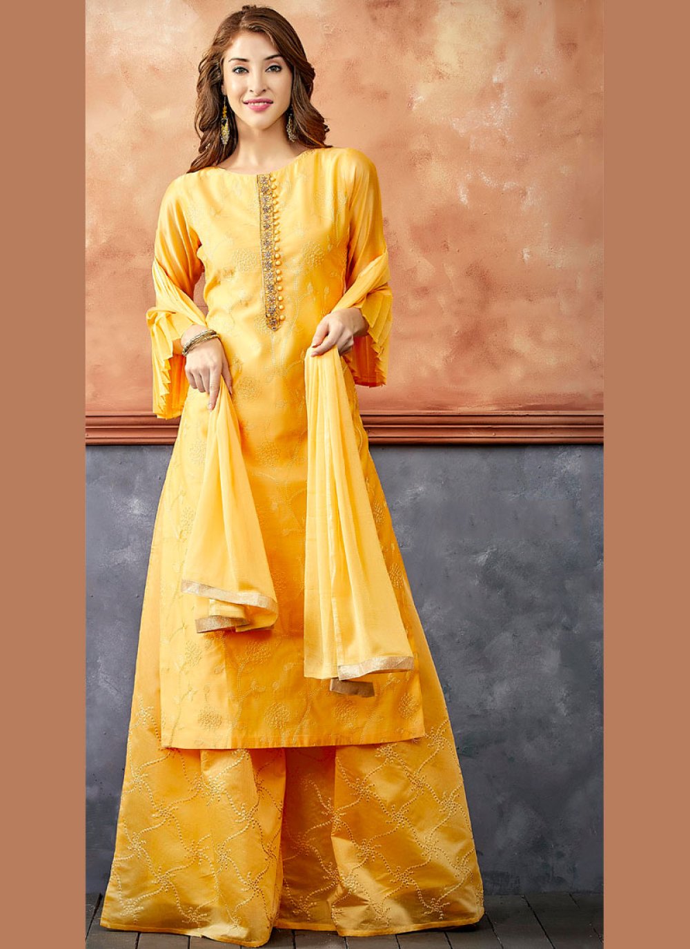 Yellow Embroidered Readymade Suit