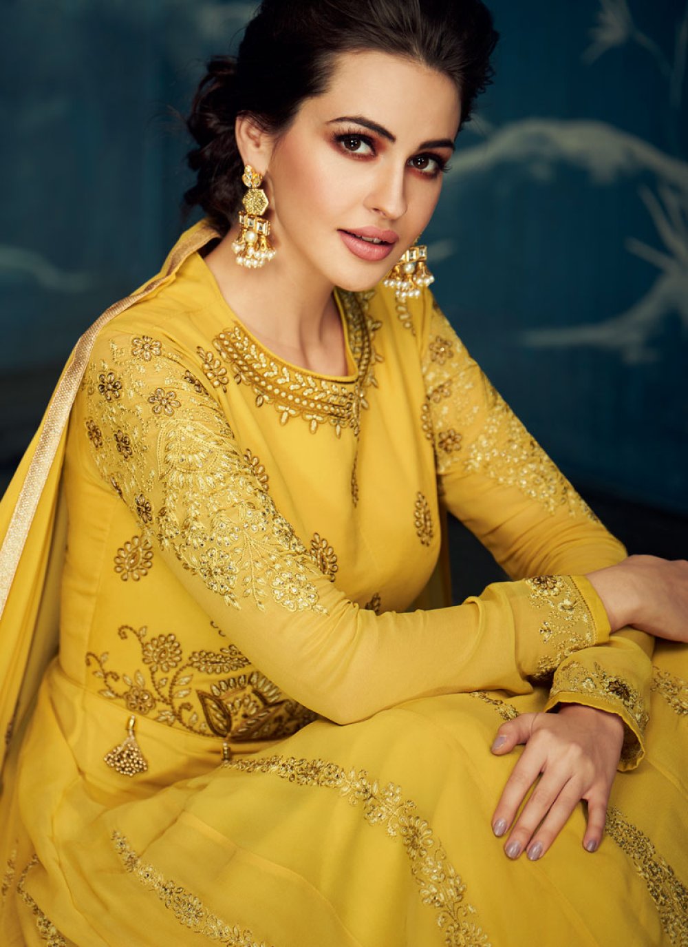 Buy Yellow Embroidered Sangeet Anarkali Suit : 108685