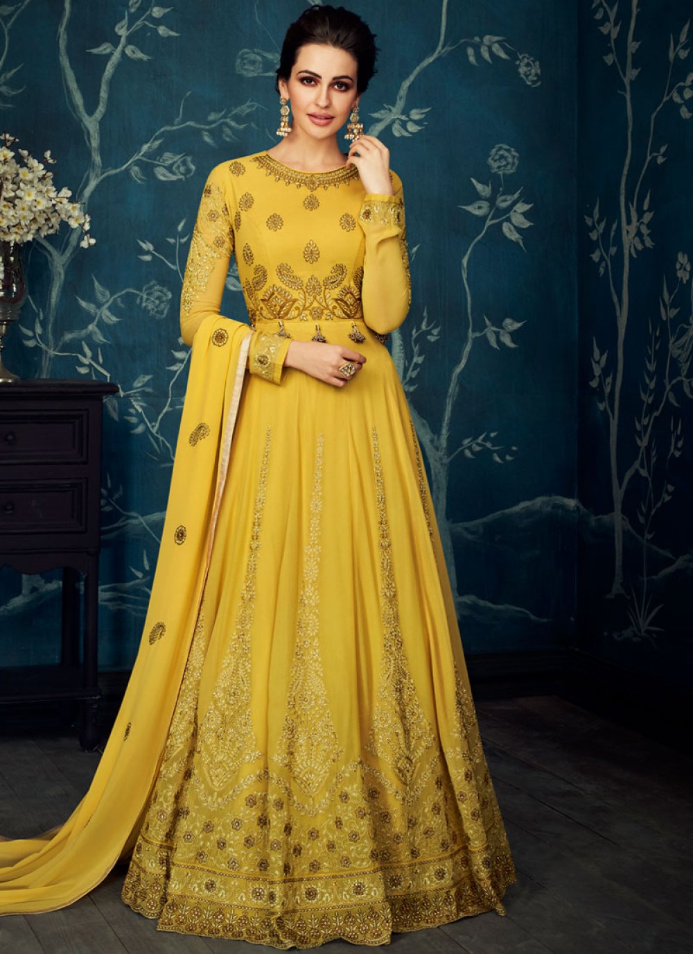 Buy Yellow Embroidered Sangeet Anarkali Suit : 108685