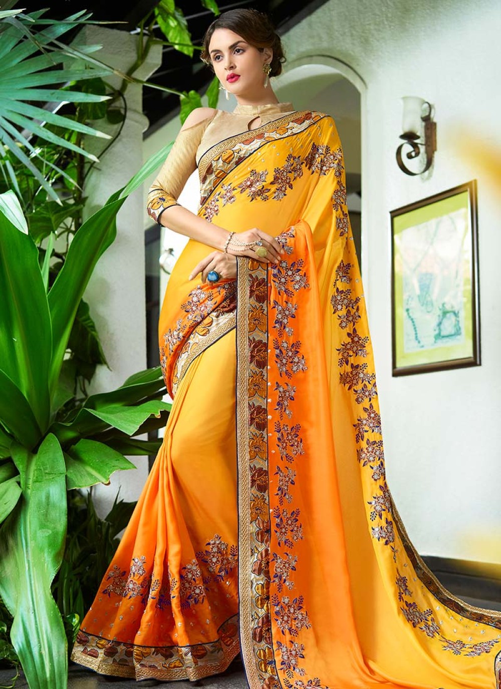 Yellow Embroidered Work Faux Georgette Classic Designer Saree