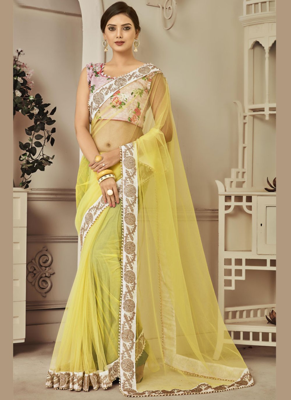 Yellow Festival Net Casual Saree buy online