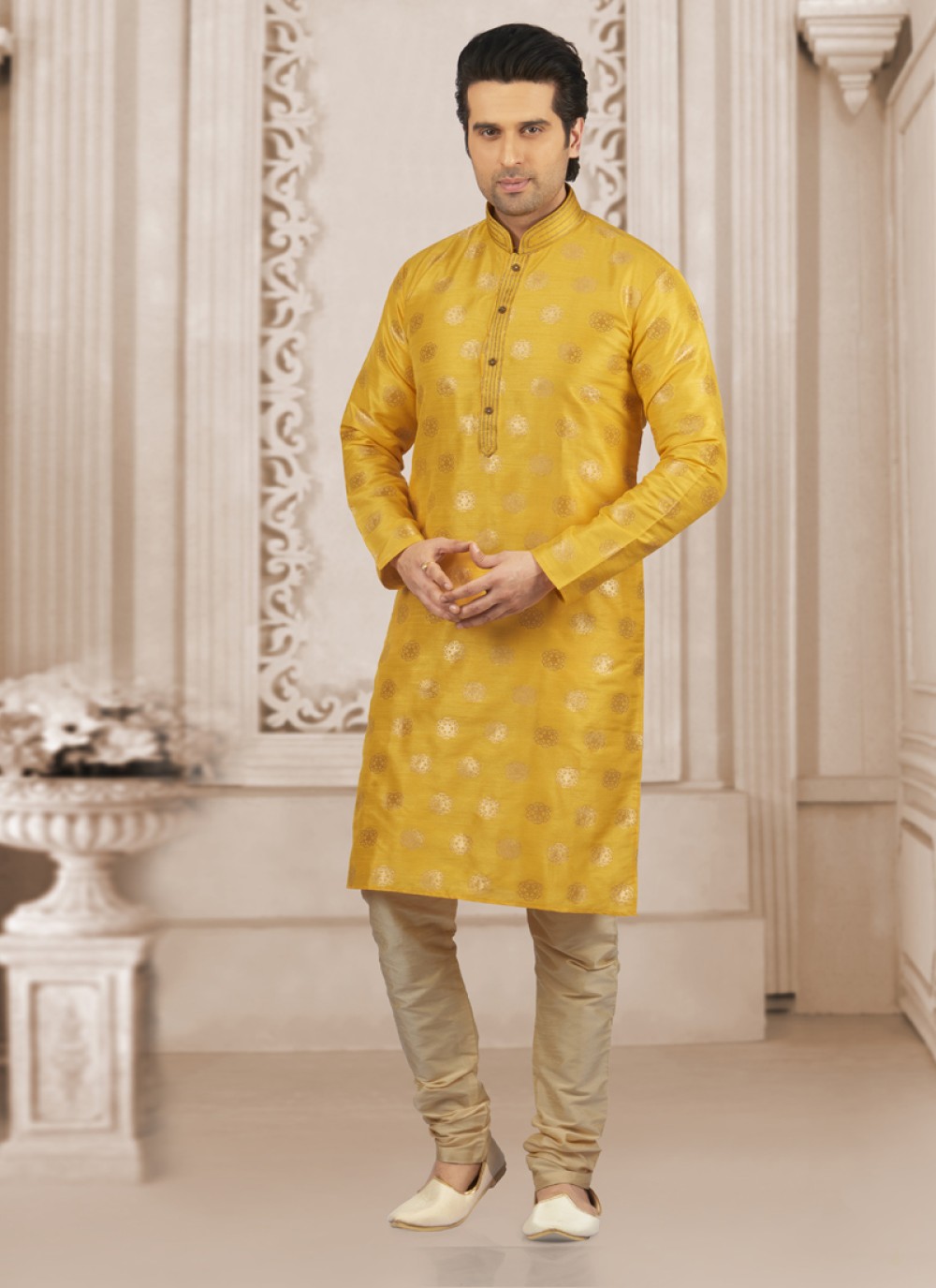 Yellow Jacquard Silk Wedding Kurta Pyjama