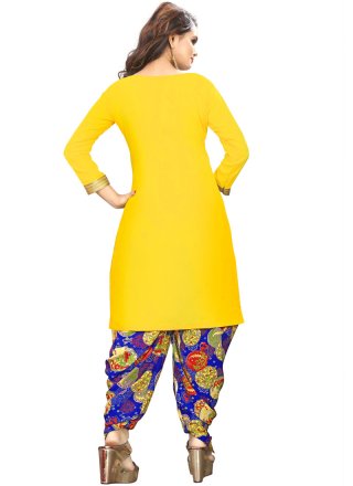 Yellow Printed Poly Cotton Punjabi Suit