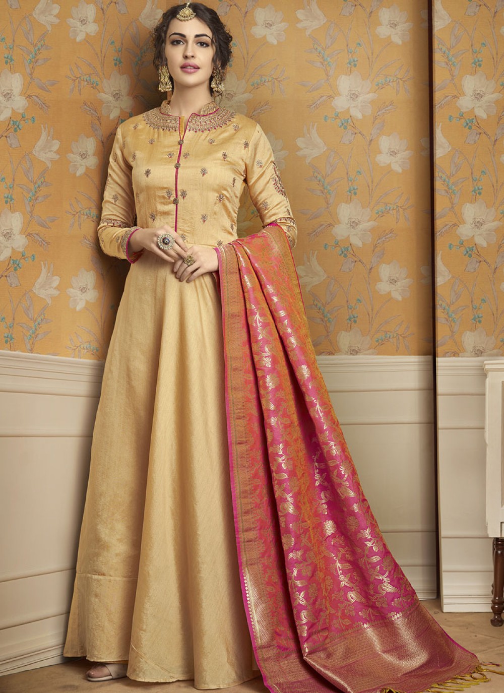 Yellow Tussar Silk Party Readymade Gown 
