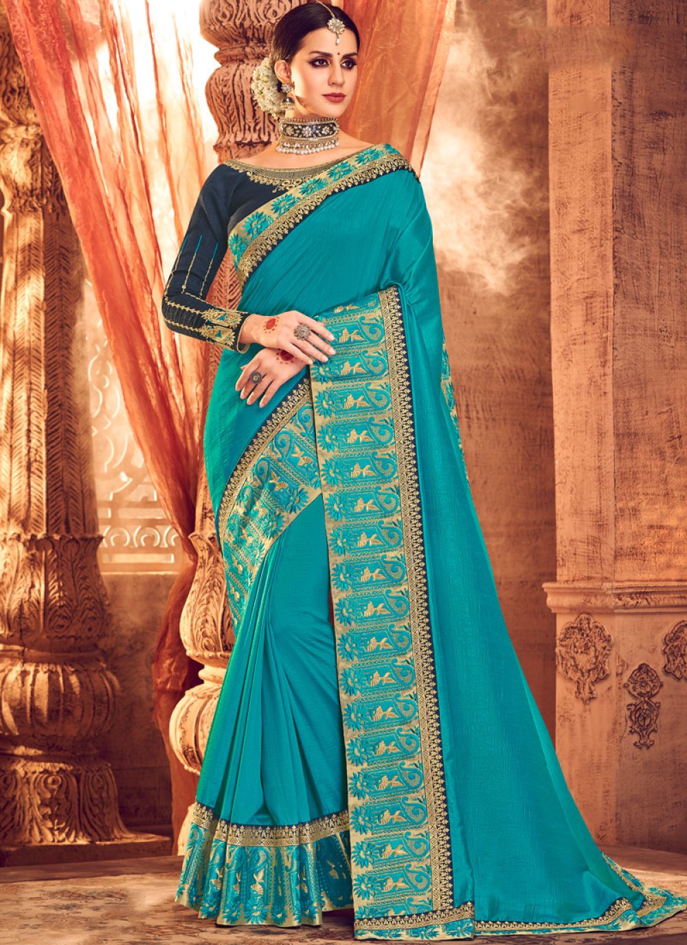 Zari Art Silk Turquoise Classic Saree