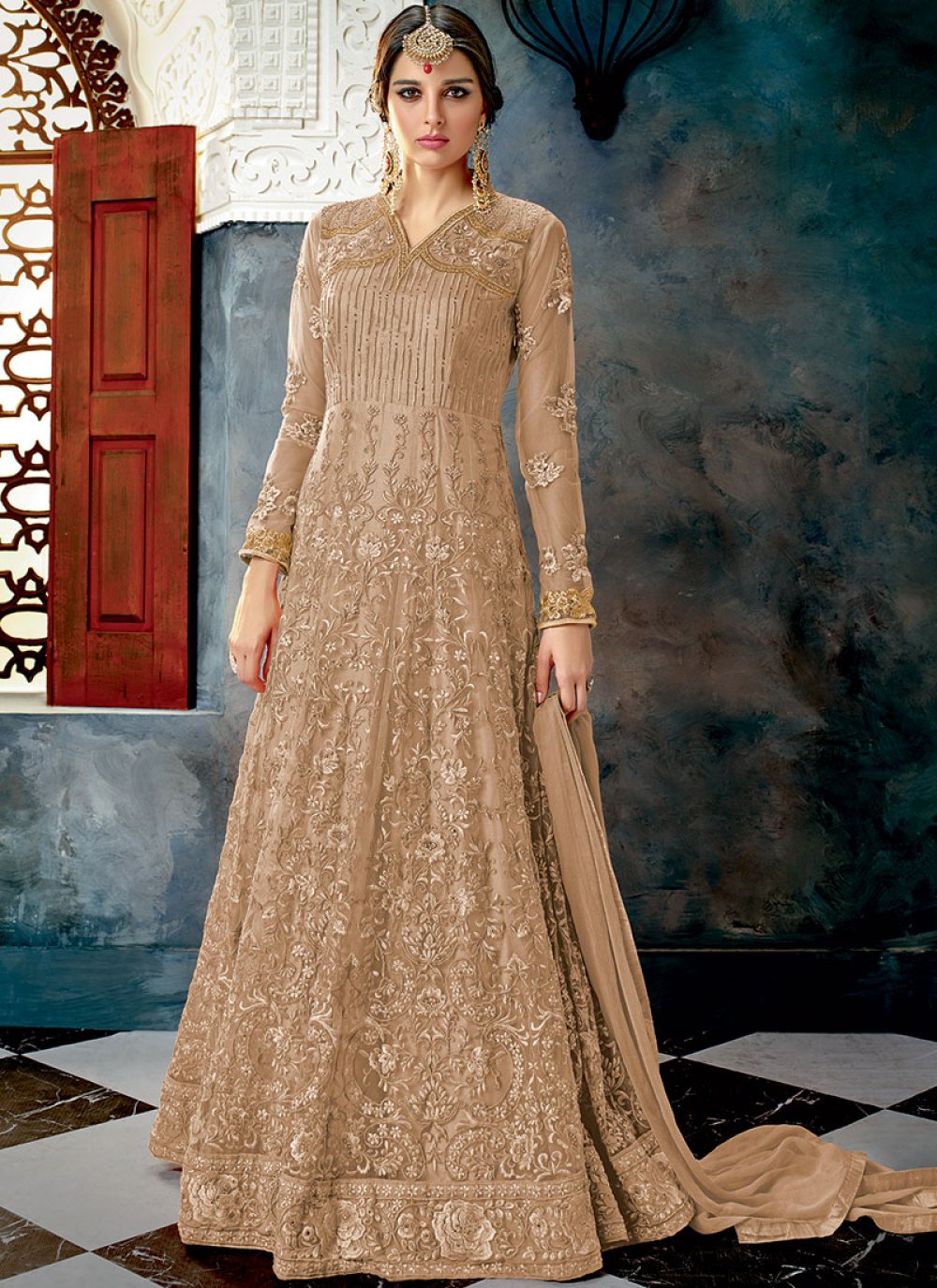 Buy Online Zari Net Floor Length Anarkali Suit in Beige : 101357