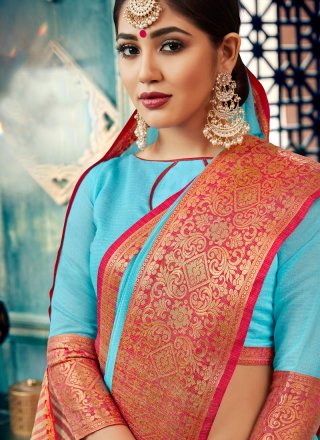 Aqua Blue Cotton Mehndi Designer Traditional Saree
