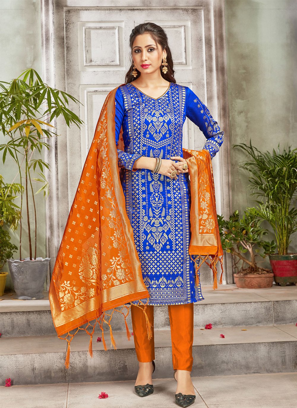 Shop Art Banarasi Silk Weaving Blue Salwar Suit Online 164294