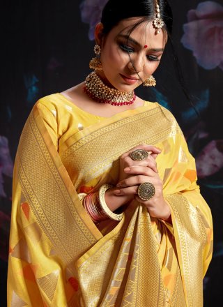 Art Banarasi Silk Yellow Weaving Designer Traditional Saree