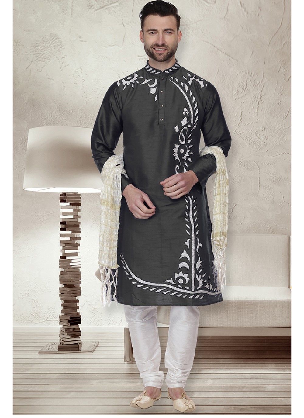 Buy Online Art Dupion Silk Embroidered Kurta Pyjama in Black