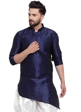 Art Dupion Silk Plain Kurta in Navy Blue