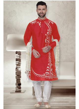 Men's Red Silk Blend Machine Embroidered Kurta Pyjama With Silk Dupatta Set  - Absolutely Desi