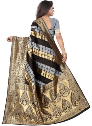 Art Silk Black and Silver Weaving Half N Half Trendy Saree