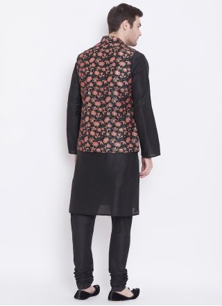 Art Silk Black Plain Kurta Payjama With Jacket